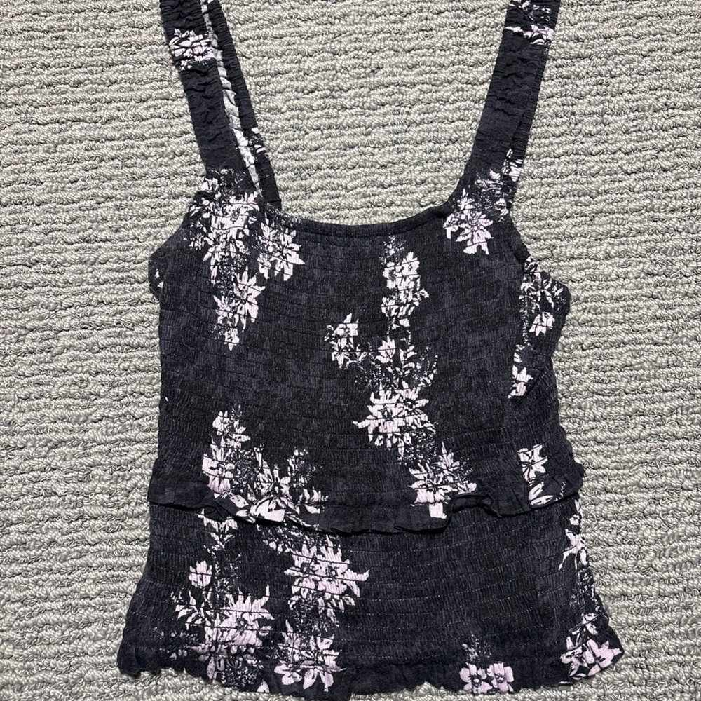 Intimately Free People Hannah Black Floral Print Smocked Cami Top Size Small